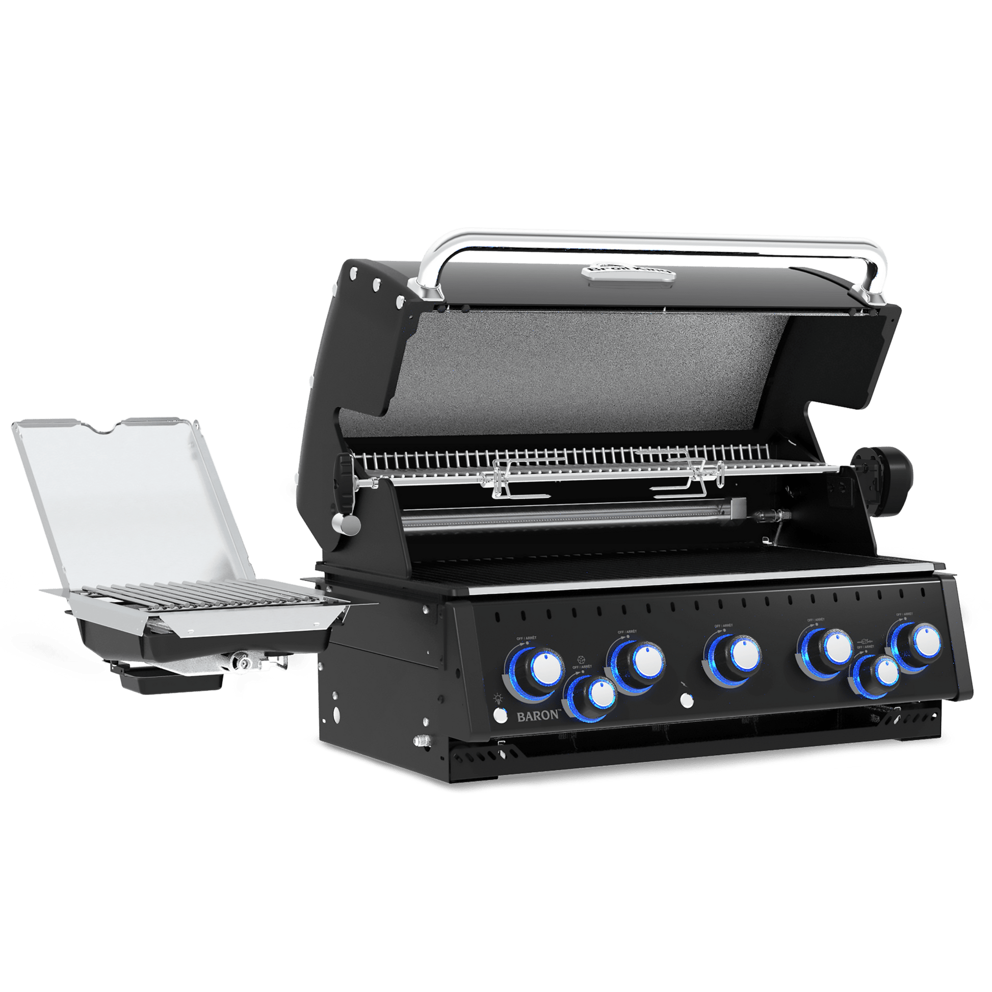 A black gas grill with its lid open, showing the interior grates and a side shelf with a clear cover. The front features six blue-lit control knobs.