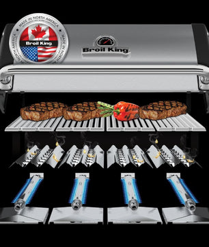 Broil King electric grill shown on a black background with food cooking on the grates and multiple burner elements visible below. A circular 'Made in North America' badge with a Canadian flag and Broil King branding appears on the upper left.