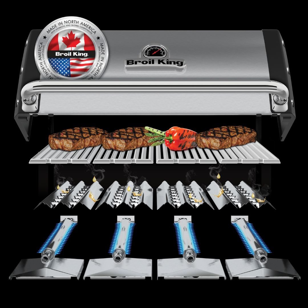 Broil King electric grill shown on a black background with food cooking on the grates and multiple burner elements visible below. A circular 'Made in North America' badge with a Canadian flag and Broil King branding appears on the upper left.