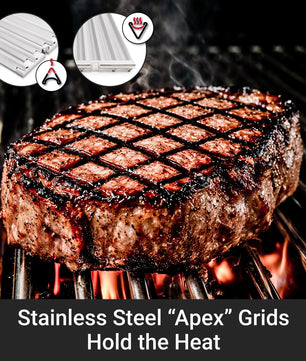 Grilled steak on a grill with stainless steel 'Apex' grids displayed above.