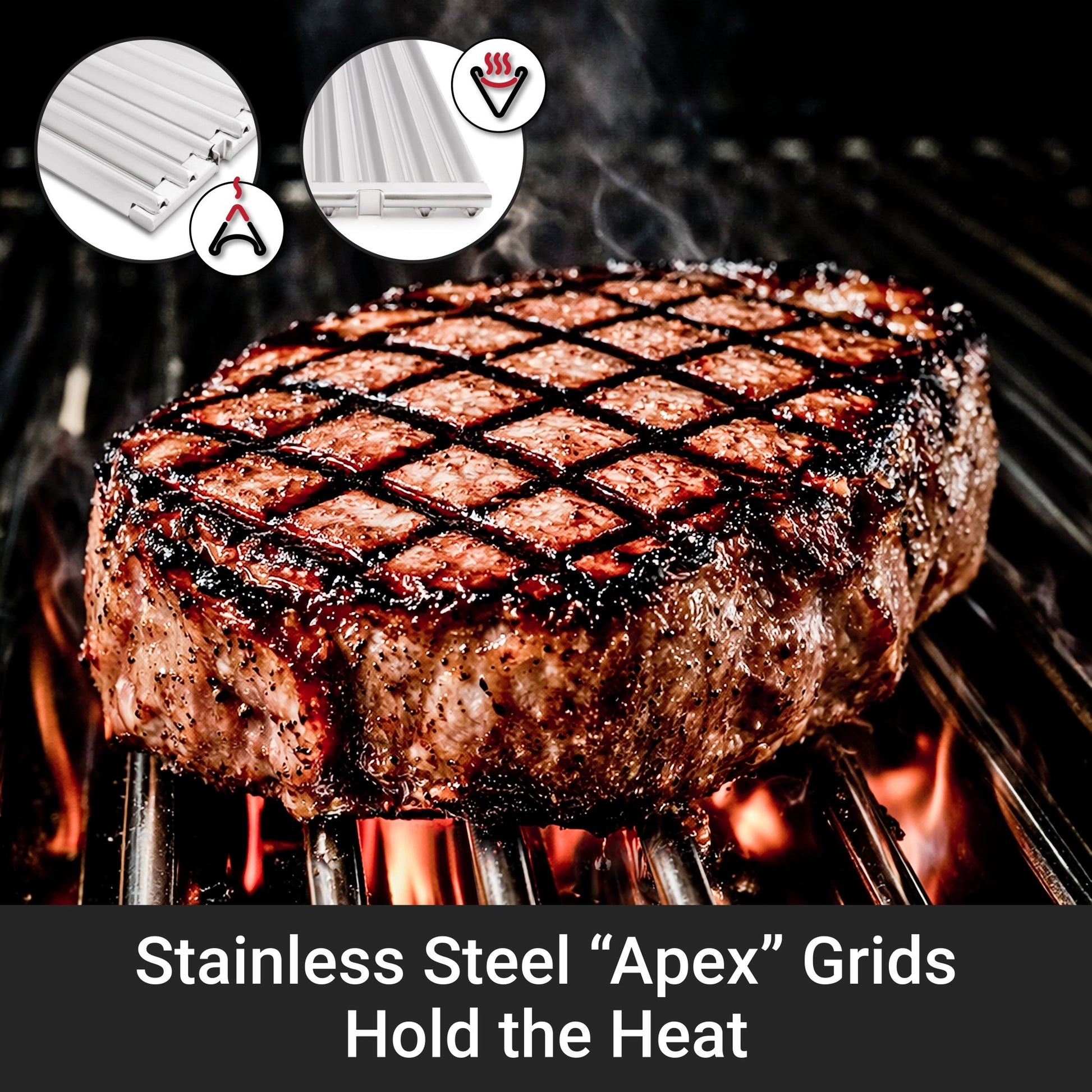 Grilled steak on a grill with stainless steel 'Apex' grids displayed above.