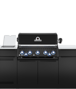 A black outdoor kitchen island set featuring a gas grill with blue control knobs, a built-in sink, side cabinets, and a countertop accessory, shown on a solid white background.