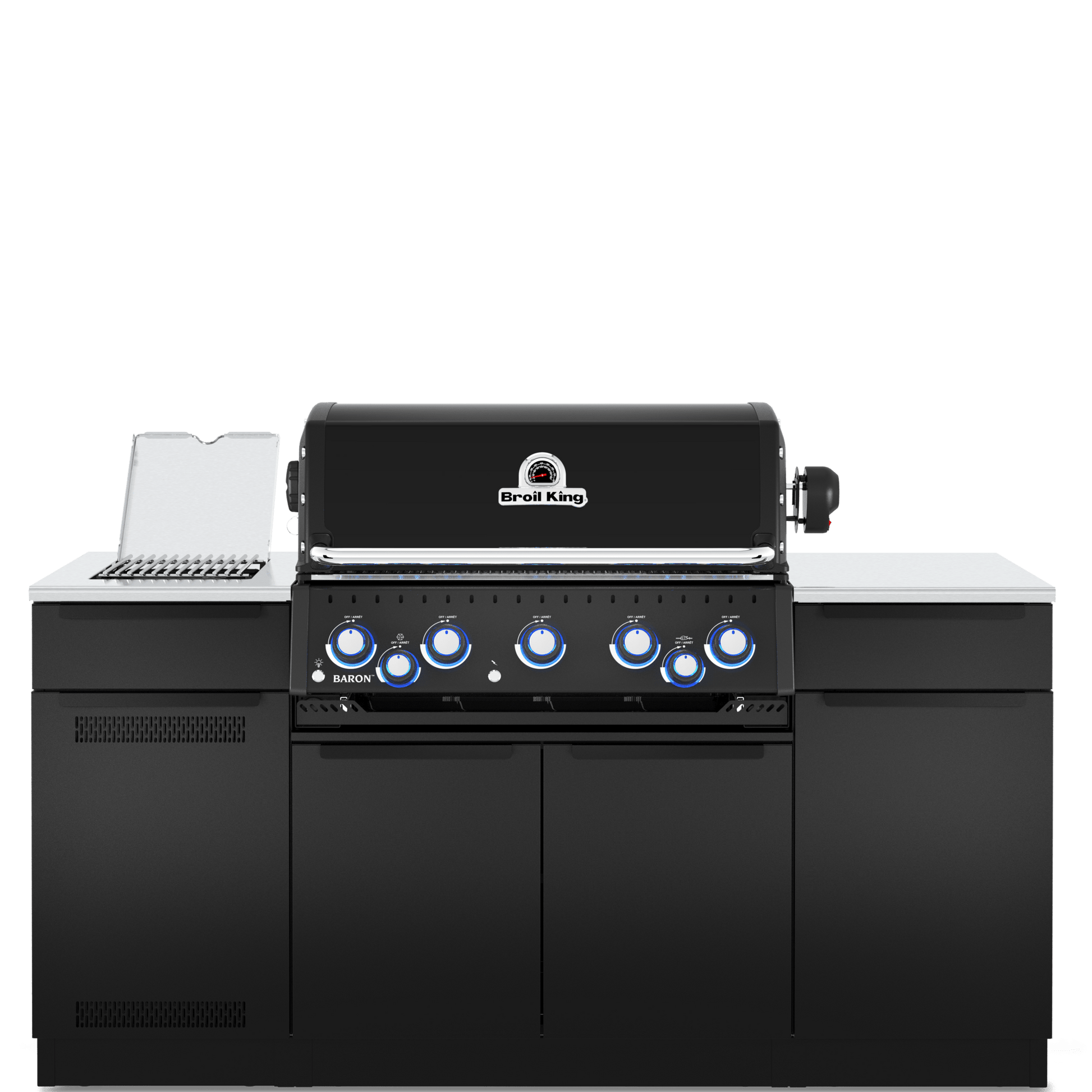 A black outdoor kitchen island set featuring a gas grill with blue control knobs, a built-in sink, side cabinets, and a countertop accessory, shown on a solid white background.