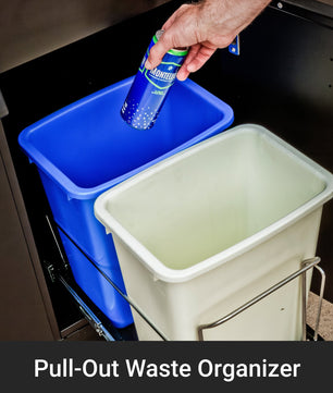 Person disposing of a bottle into a pull-out waste organizer with two bins.