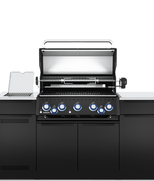 A black outdoor gas grill with six blue control knobs, an open lid showing the grates, and a side burner with a silver lid, set against a solid white background.