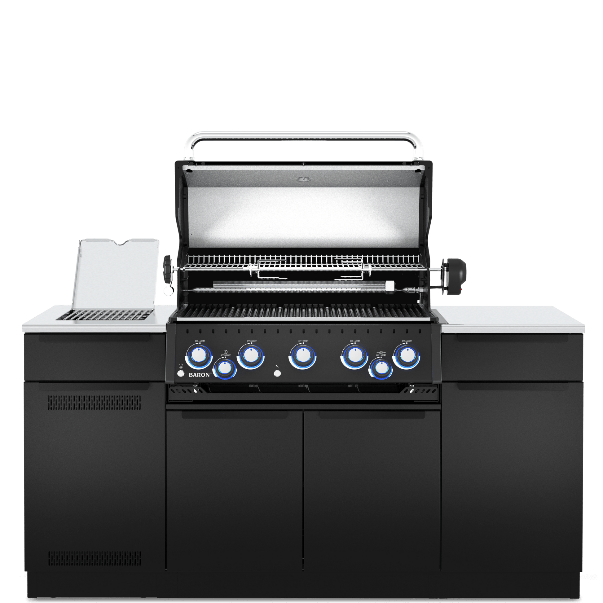 A black outdoor gas grill with six blue control knobs, an open lid showing the grates, and a side burner with a silver lid, set against a solid white background.