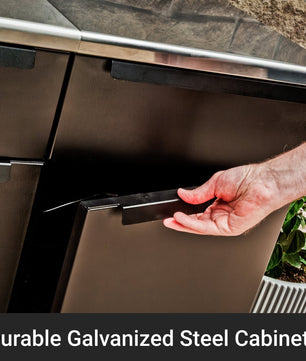 Person opening a durable galvanized steel cabinet with text overlay