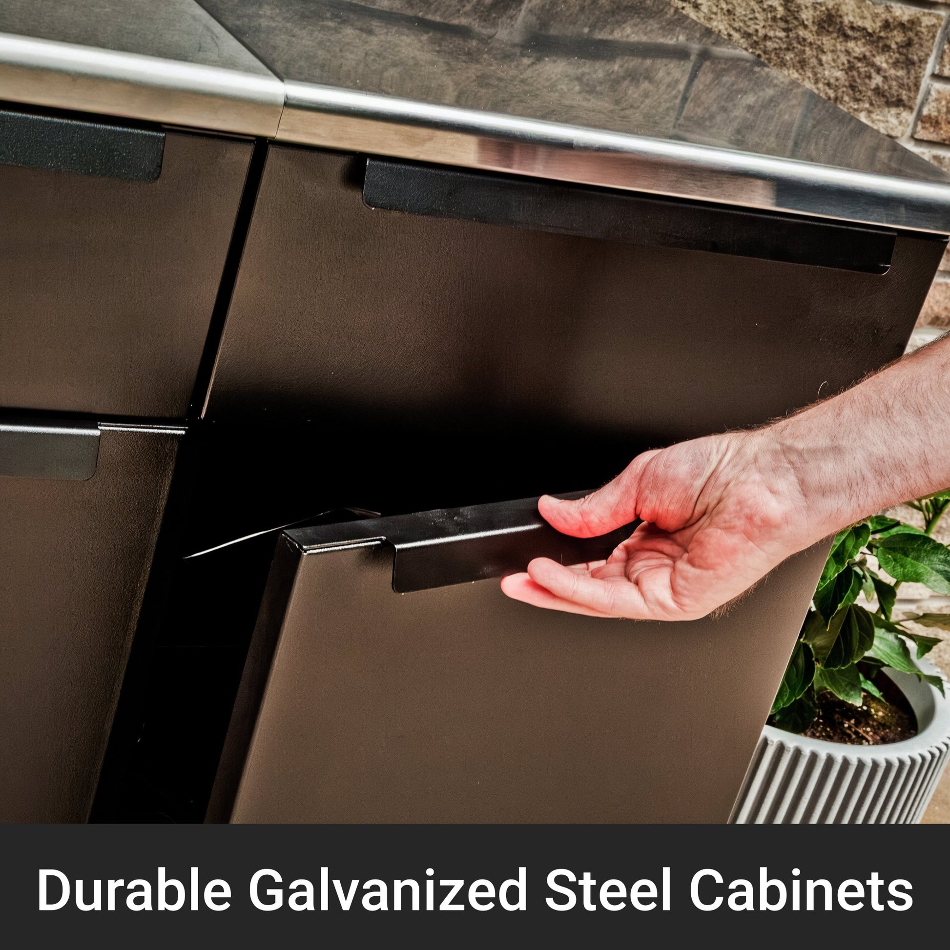 Person opening a durable galvanized steel cabinet with text overlay