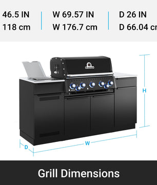 Black grill with dimensions displayed on a white background