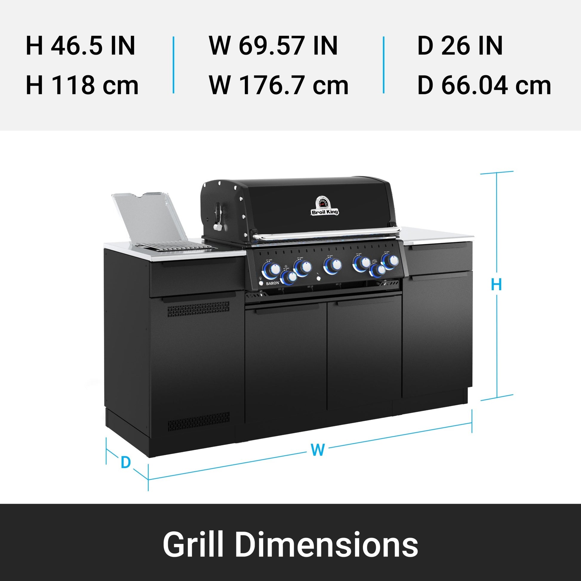 Black grill with dimensions displayed on a white background