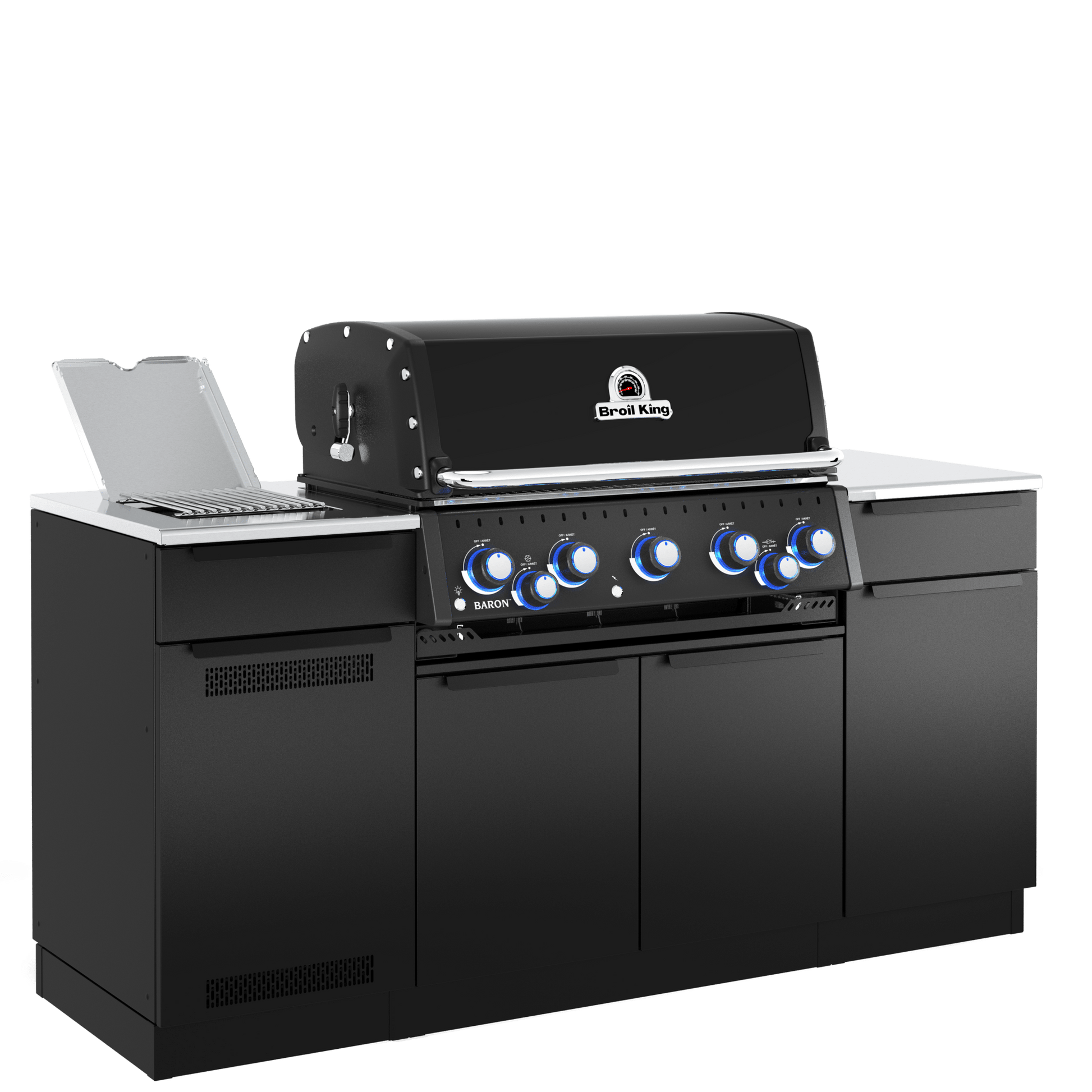 A black outdoor kitchen island set with a built-in gas grill, stainless steel countertops, and a side bar counter with an open laptop on top, shown on a plain white background.