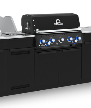 A black outdoor kitchen island set with a built-in gas grill, featuring a black cabinet base, stainless steel countertops, and blue control knobs, shown on a white background.