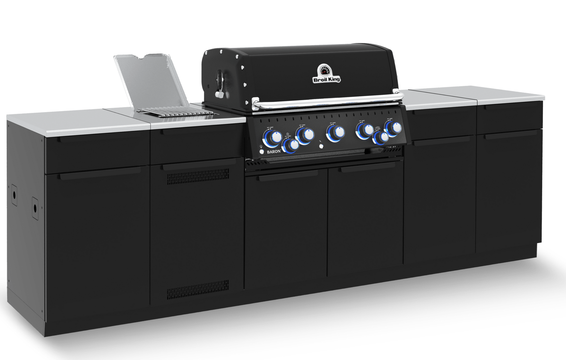 A black outdoor kitchen island set with a built-in gas grill, featuring a black cabinet base, stainless steel countertops, and blue control knobs, shown on a white background.