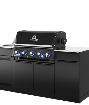 Black outdoor grill with multiple burners on a white background