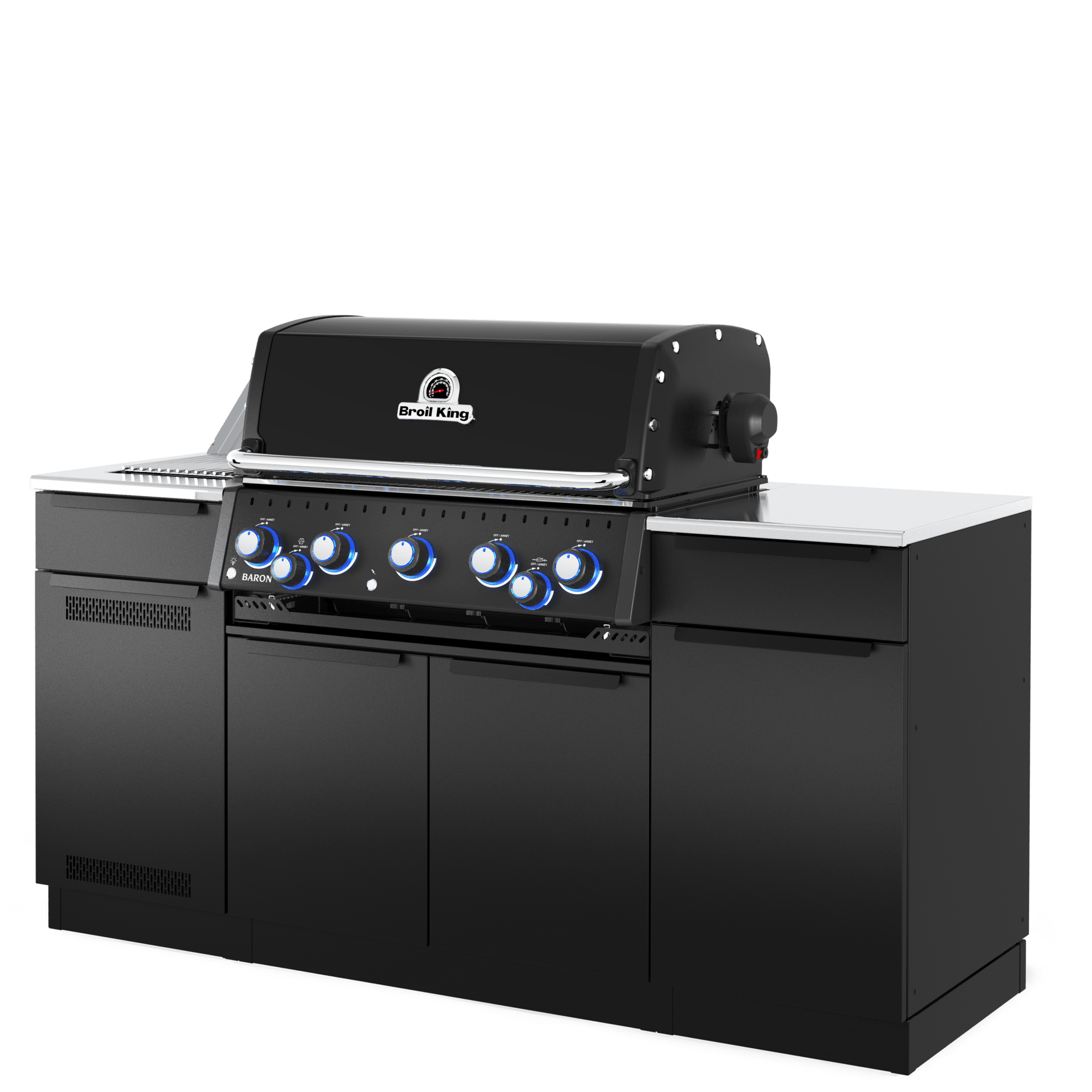 Black outdoor grill with multiple burners on a white background