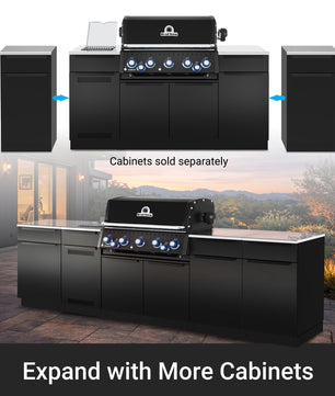 Outdoor kitchen island setup with a black gas grill and matching black cabinets, shown with a smaller inset diagram above labeled 'Cabinets sold separately' and text at the bottom reading 'Expand with More Cabinets.'.