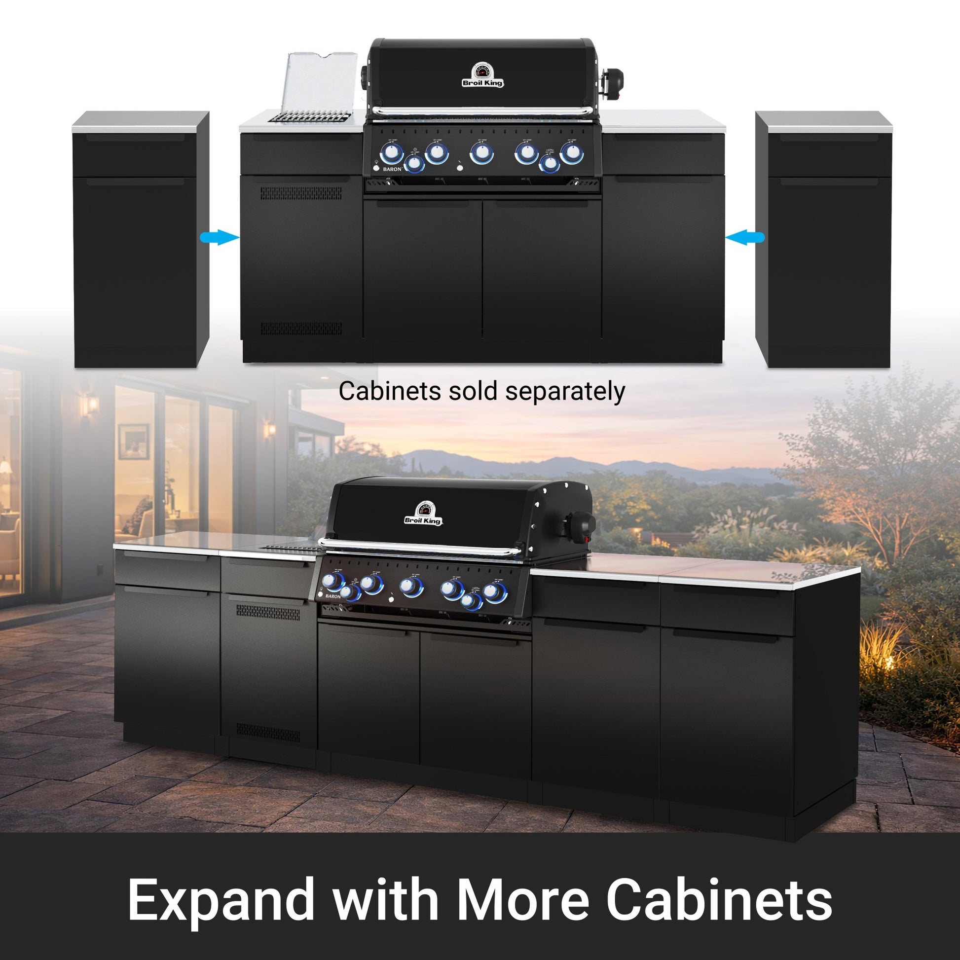 Outdoor kitchen island setup with a black gas grill and matching black cabinets, shown with a smaller inset diagram above labeled 'Cabinets sold separately' and text at the bottom reading 'Expand with More Cabinets.'.