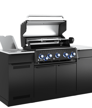 Black outdoor grill with silver accents on a white background