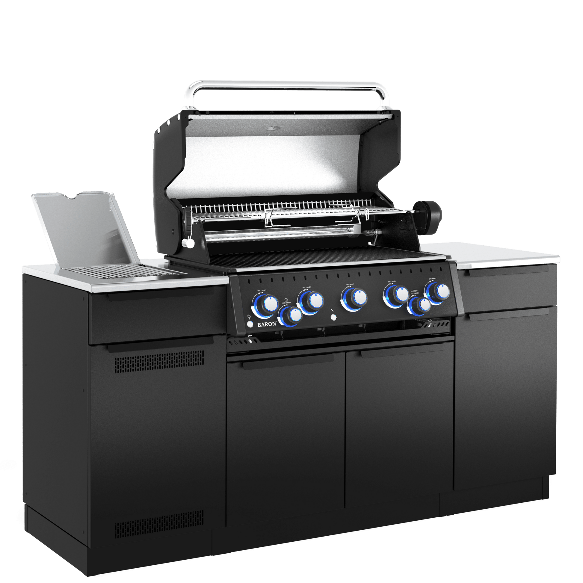 Black outdoor grill with silver accents on a white background