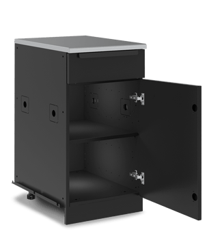 Black metal cabinet with open door on a white background