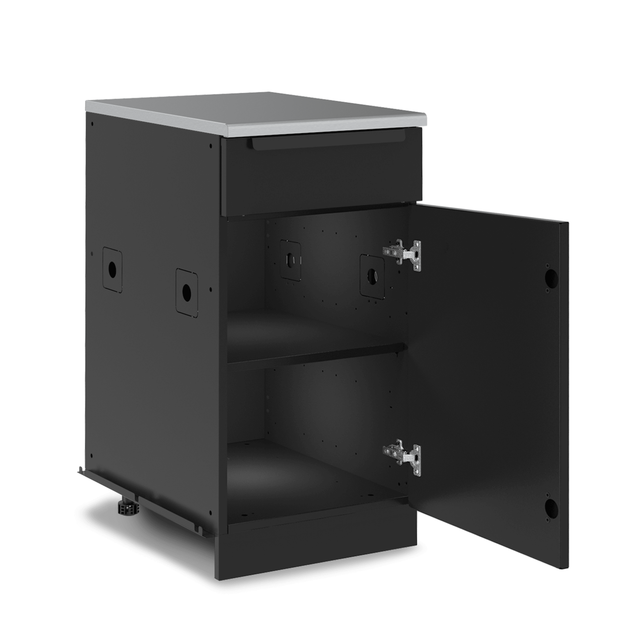 Black metal cabinet with open door on a white background
