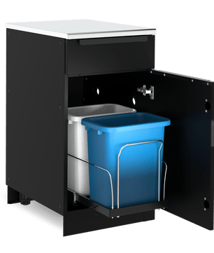Black cabinet with open door revealing trash bins on a white background