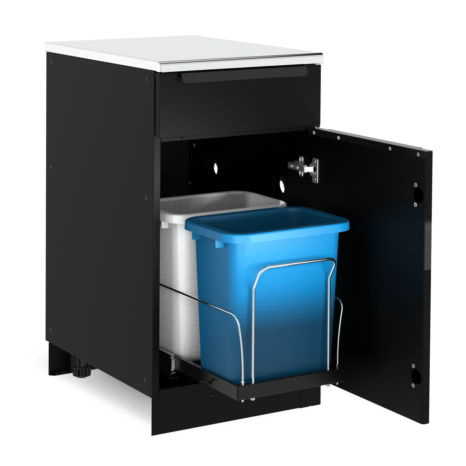 Black cabinet with open door revealing trash bins on a white background