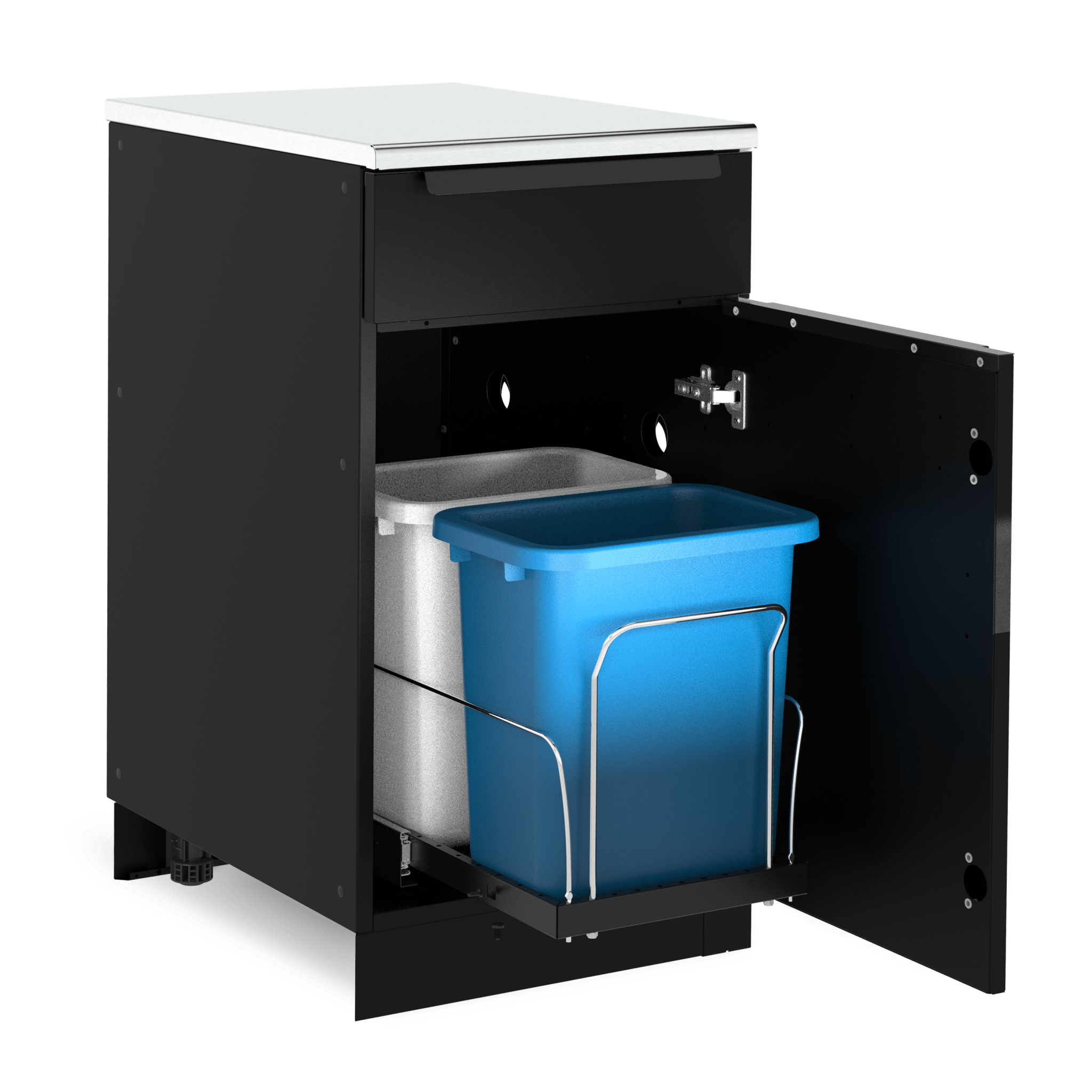 Black cabinet with open door revealing trash bins on a white background