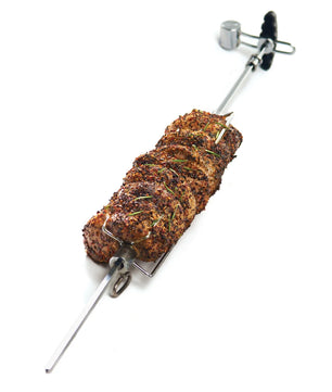 Skewer with roasted meat on a white background