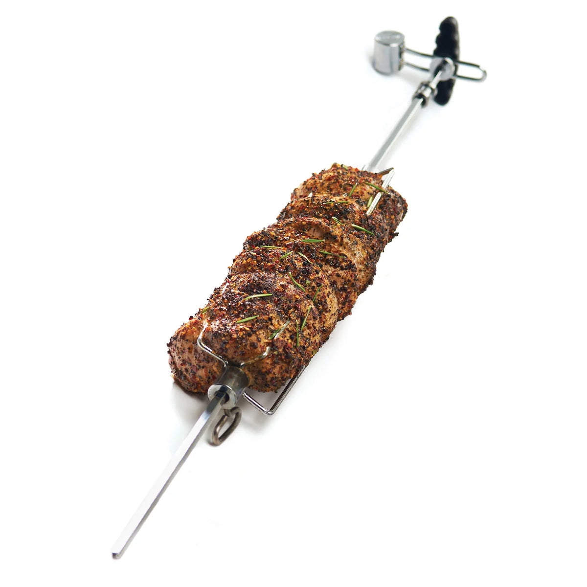 Skewer with roasted meat on a white background