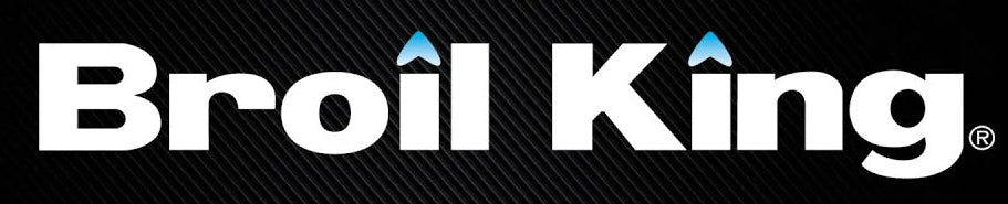 Broil King logo in white text with blue flame accents on a black textured background.