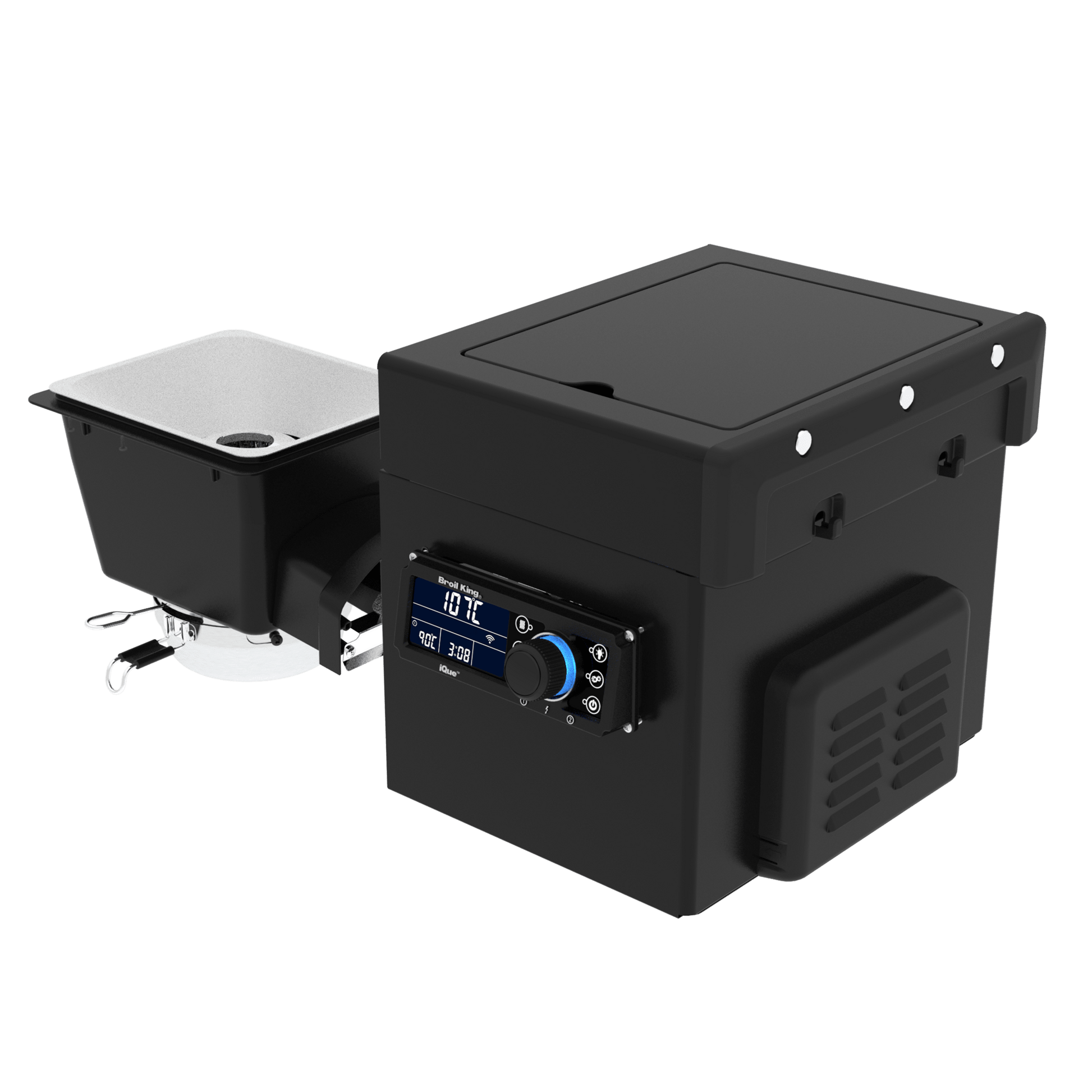 Black electronic device with digital display on a white background