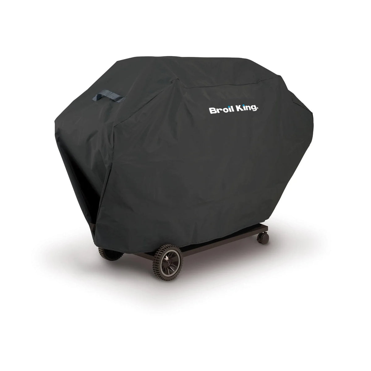 A black Broil King grill cover on a wheeled cart, shown against a plain white background.