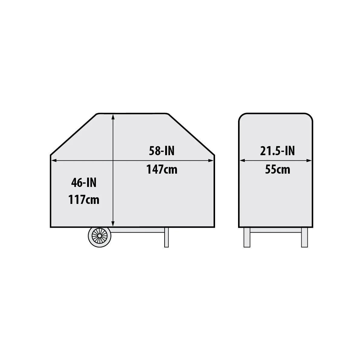 A simple line drawing showing two rectangular trailer-like covers with dimension labels. The left cover is larger and labeled 46-IN / 58-IN with 117cm / 147cm.