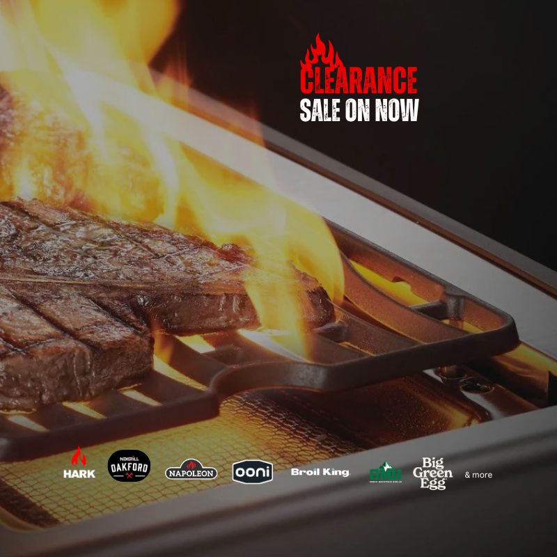 Grilled steak on a grill with 'Clearance Sale On Now' text and brand logos.