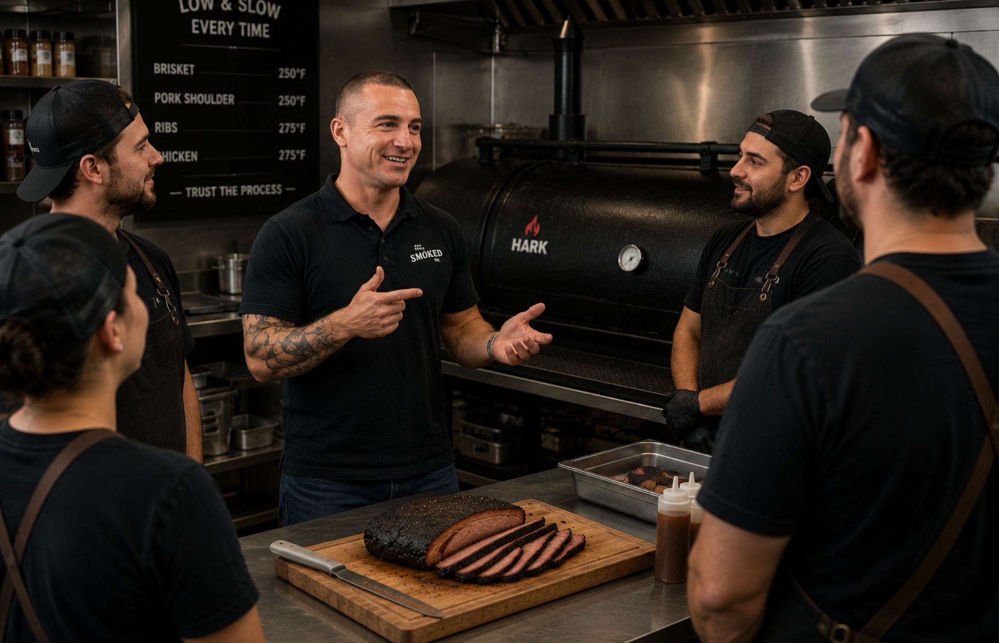 Chef Trent in a commercial kitchen training and chatting with the kitchen staff
