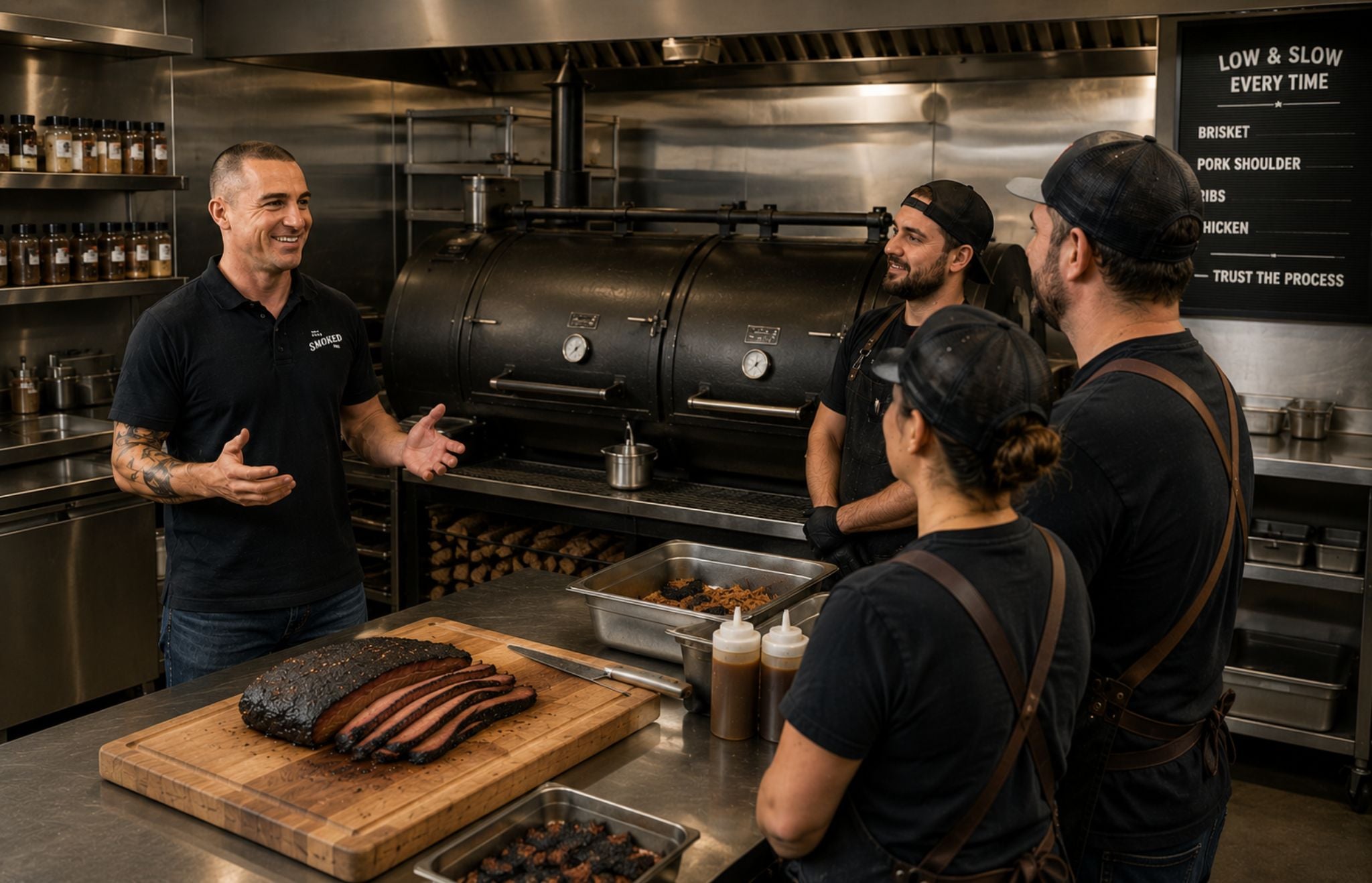Chef Trent in a commercial kitchen training to the kitchen staff