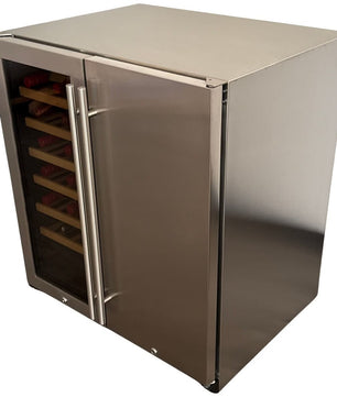 A stainless steel wine refrigerator with a glass door showing wine bottles on wooden shelves, photographed on a plain white background.