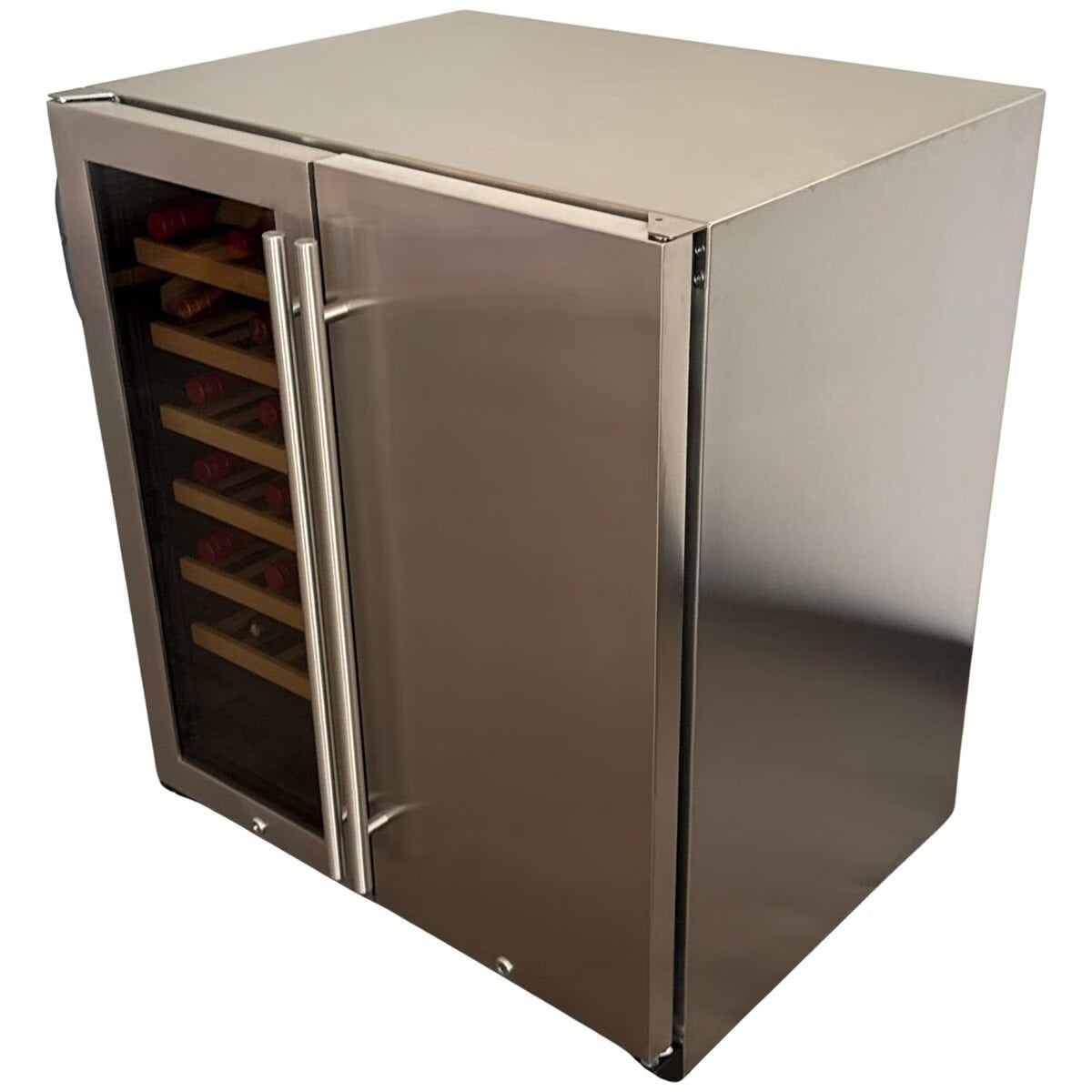 A stainless steel wine refrigerator with a glass door showing wine bottles on wooden shelves, photographed on a plain white background.