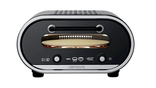 A sleek oval-shaped countertop appliance with a glossy black front, polished silver trim, and a brushed gold handle, shown on a plain white background.