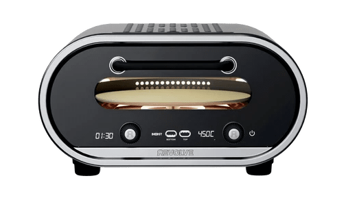 A sleek oval-shaped countertop appliance with a glossy black front, polished silver trim, and a brushed gold handle, shown on a plain white background.