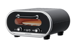 A sleek black and silver countertop toaster oven with a glass viewing window, shown on a plain white background.