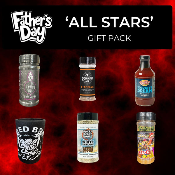 Father's Day 'All Stars' gift pack with various products on a red background