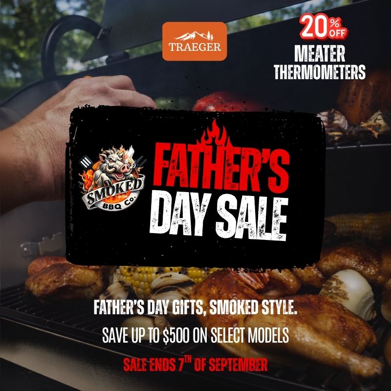 Promotional graphic for Traeger Father's Day Sale featuring a hand holding a meat thermometer over a grill with roasted meats and corn. Large text reads 'FATHER'S DAY SALE' with a Traeger logo at top and sale details at bottom.