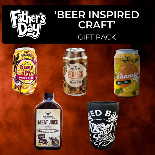 Father's Day 'Beer Inspired Craft' gift pack with various themed products on a dark background.