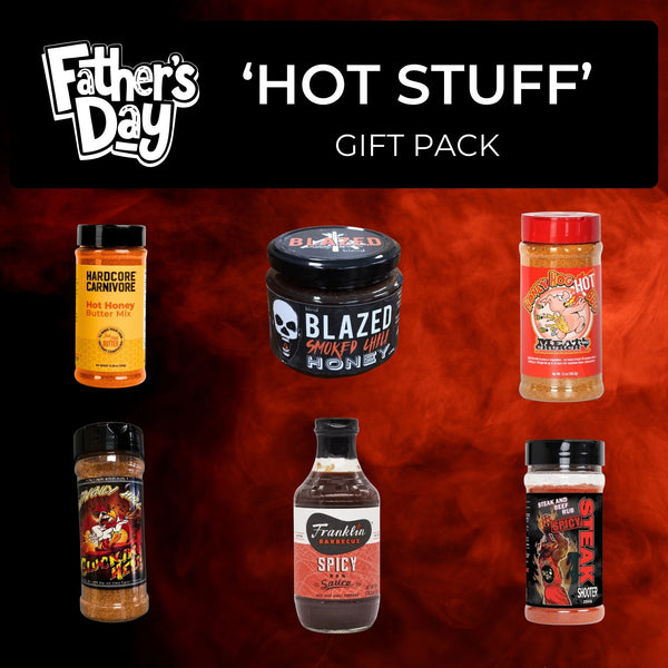 Father's Day 'Hot Stuff' gift pack with various hot sauce products on a red background.