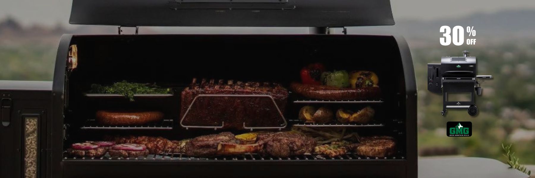 GMG Ledge Prime grilling beef and sauages with mountains in the background
