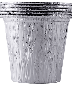 Stack of clear plastic containers with silver lids on a white background