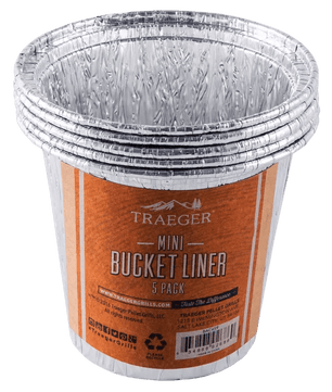 Traeger mini bucket liner packaging with five liners on an orange label.