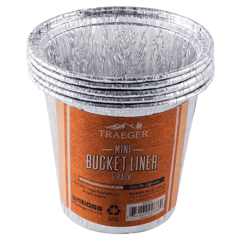 Traeger mini bucket liner packaging with five liners on an orange label.